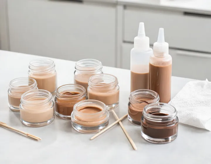 Liquid Foundation Sourcing on a cosmetics bench, illustration only