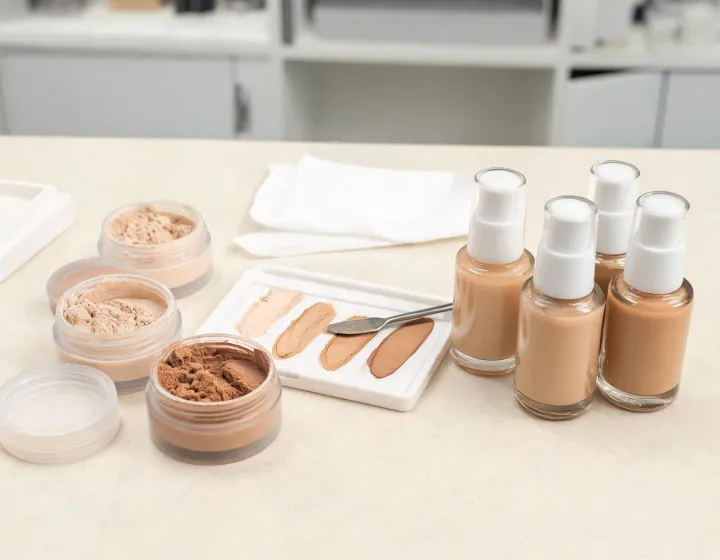 powder vs liquid foundation on a cosmetics bench, illustration only